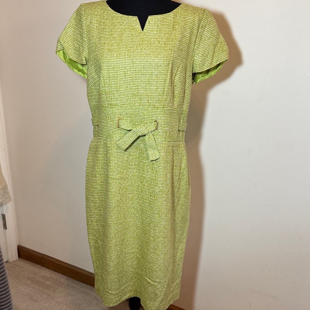 Talbots Lime Green Textured Belted Midi Dress